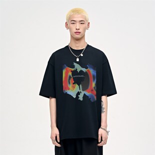 山小川潮牌创意人脸t恤男夏季 体恤 宽松纯棉上衣潮流圆领黑色短袖