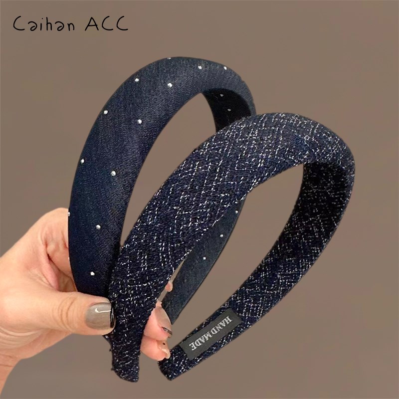 藏青蓝~波点海绵发箍女2024年新款毛线编织宽发箍高颅顶气质发卡