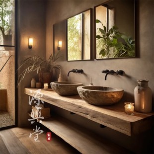 实木双台盆浴室柜 侘寂风浴室柜 双人洗手盆洗漱台民宿卫生间极简