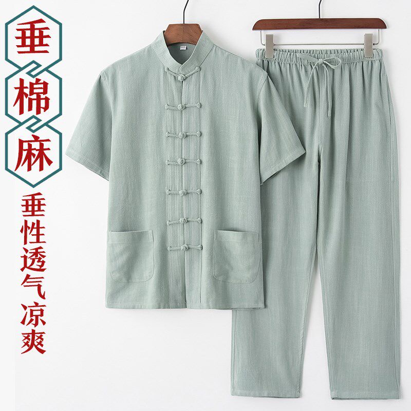 唐装男中老年夏季薄款短袖棉麻套装中国风中式男装爸爸爷爷装汉服