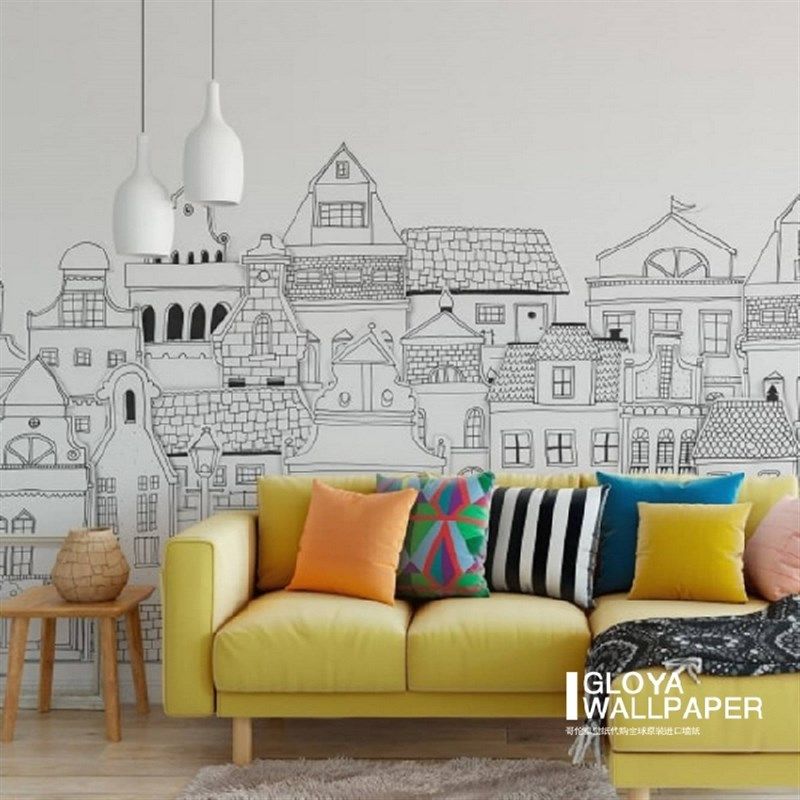手绘描绘建筑儿童房壁纸简约黑白构图背景墙壁纸男女孩卧室3d壁画,家装主材,定制壁画,淘宝优惠券,粉丝福利购,淘宝优惠卷