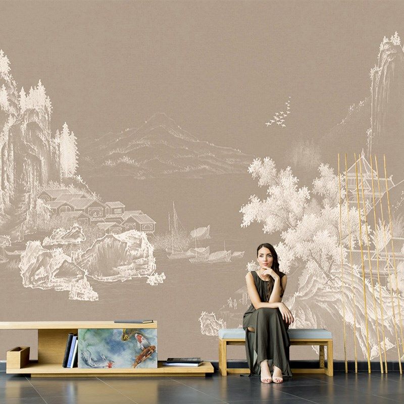 中式大气古典线描阁楼壁纸客厅背景墙纸壁布卧室环保酒店民宿壁画,家装主材,无纺布墙纸,淘宝优惠券,粉丝福利购,淘宝优惠卷