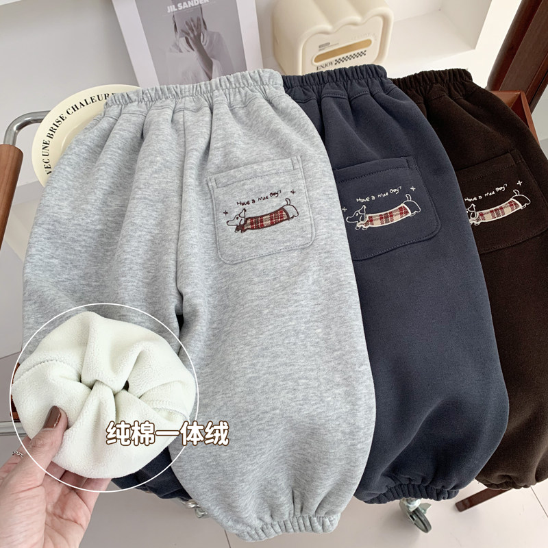 男童加绒卫裤儿童一体绒保暖休闲中小童宝宝卡通冬季纯棉裤子百搭