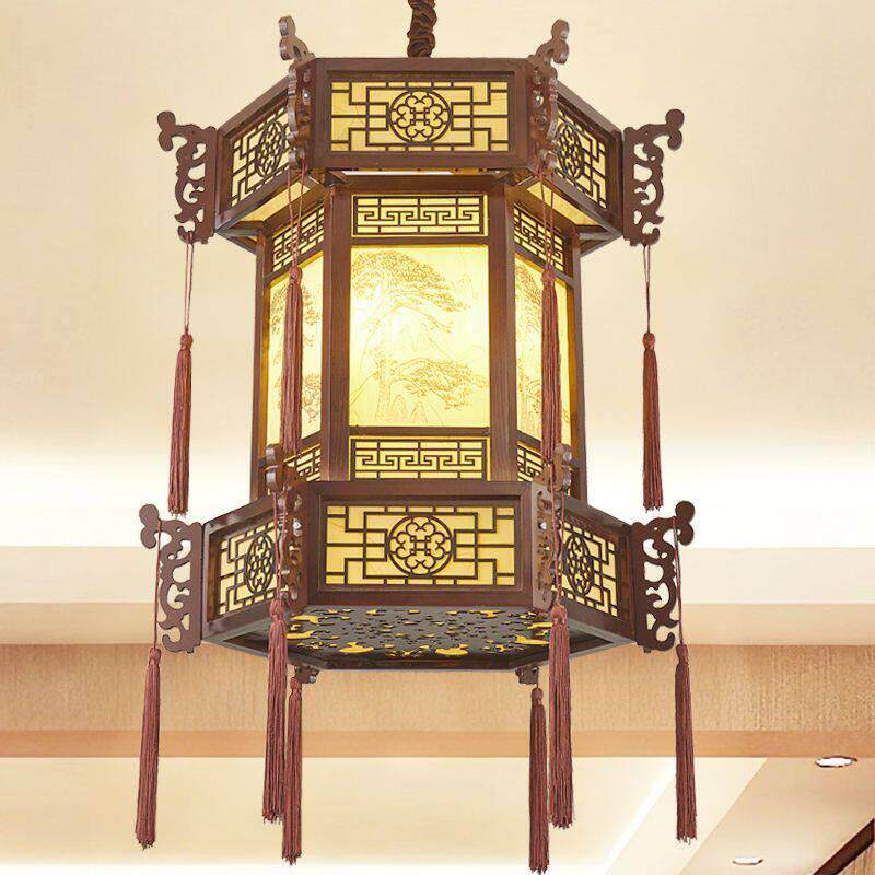 中式实木吊灯饭厅阳台灯具彷古长廊茶楼饭店祠堂红灯笼羊皮灯门口