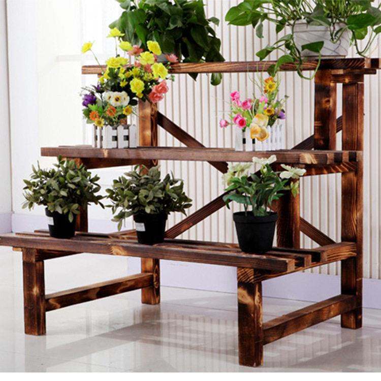 实木花架实木花盆置物架做旧碳化三层阶梯架阳台室内防腐松木花架