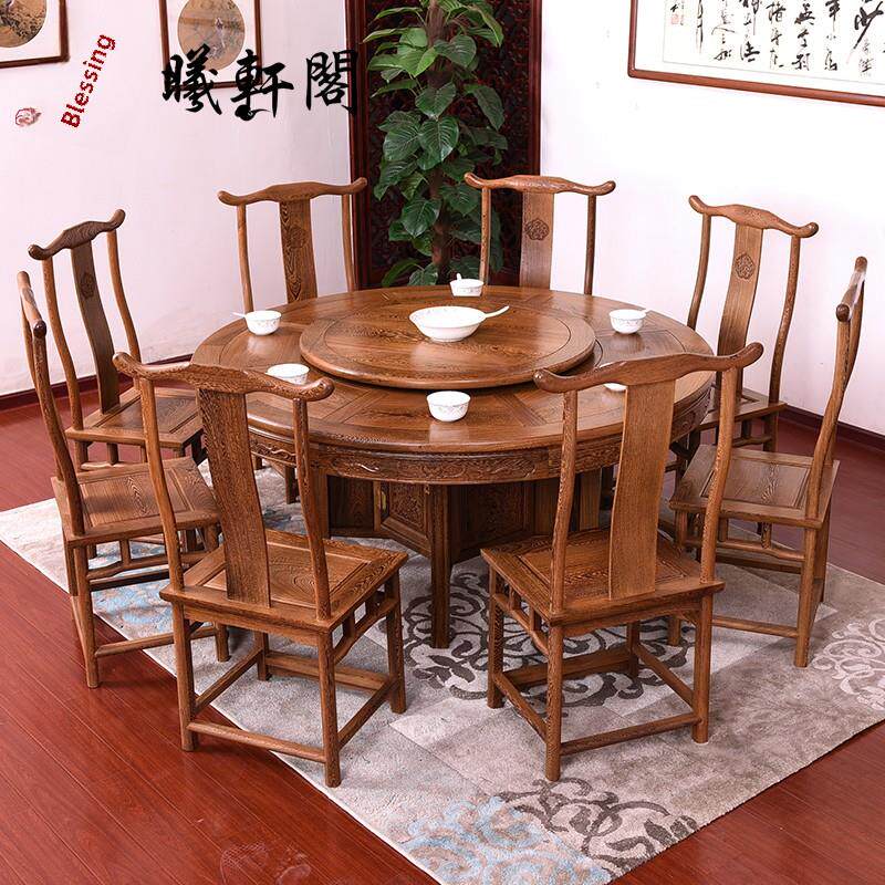 鸡翅木圆餐桌实木家具红木中式彷古圆桌圆形餐桌餐厅吃饭桌椅组合