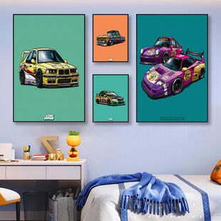 Q版汽车卡通装饰画创意潮流改装车挂画儿童房男孩卧室汽修厂壁画
