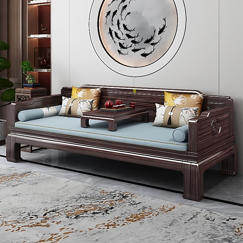 乌金木罗汉床新中式实木沙发床客厅禅意别墅家具带拉床可伸缩工厂