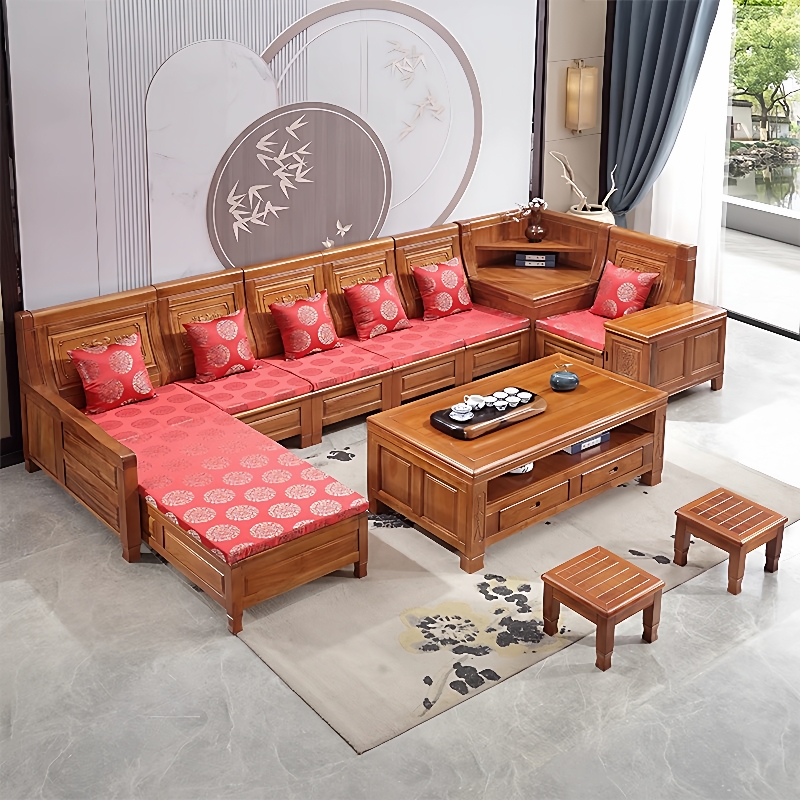 全实木香樟木沙发客厅中式雕花转角贵妃实木组合沙发储物农村沙发