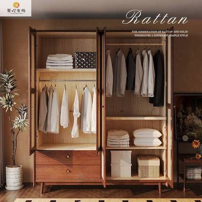 复古对开门组合实木衣柜小户型家用藤编衣柜日式衣橱主卧储物柜
