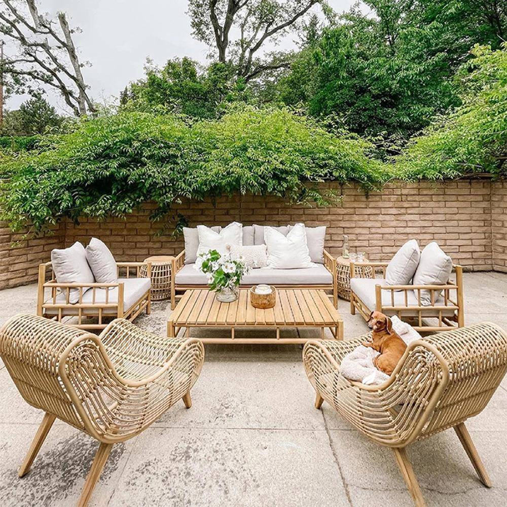 户外藤编创意沙发实木柚木藤椅民宿酒店露台花园庭院双人茶几组合