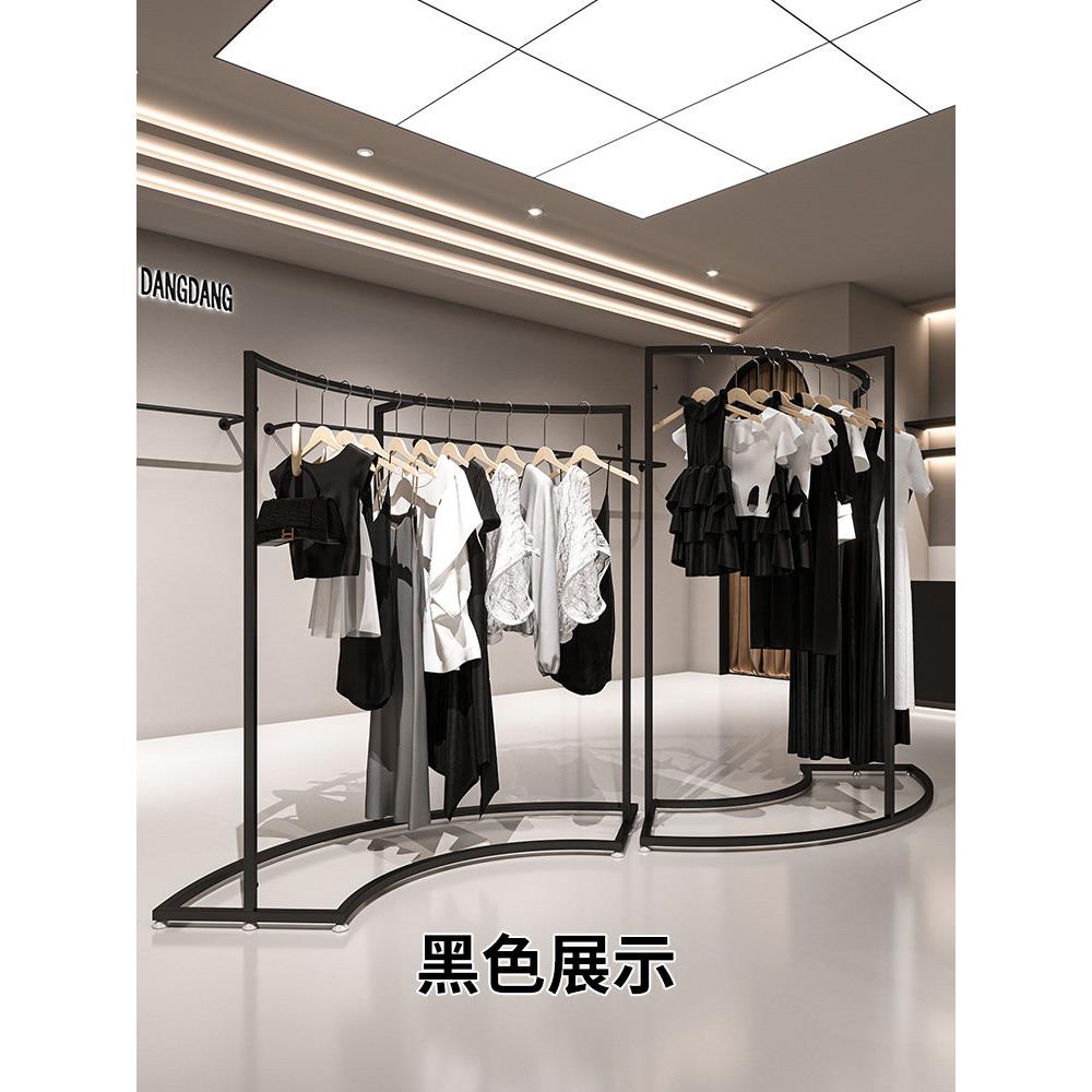 服装商店岛展示架铁黑色弯曲服装展示架组合女装商店货架衣架