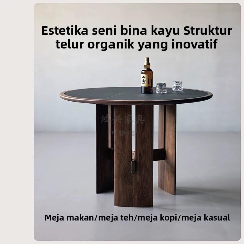 北美黑胡桃木圆桌小户型岩板餐桌胡桃宅寂风实木家用现代简约桌子