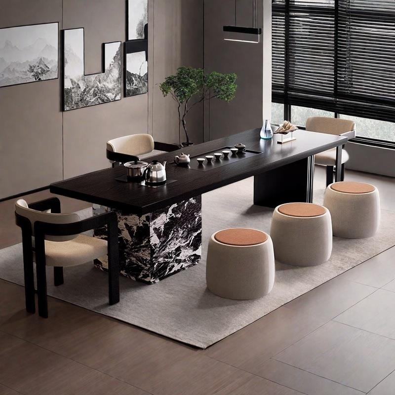 意式实木茶桌岛台一体泡茶桌椅组合黑色茶台轻奢高级感现代简约