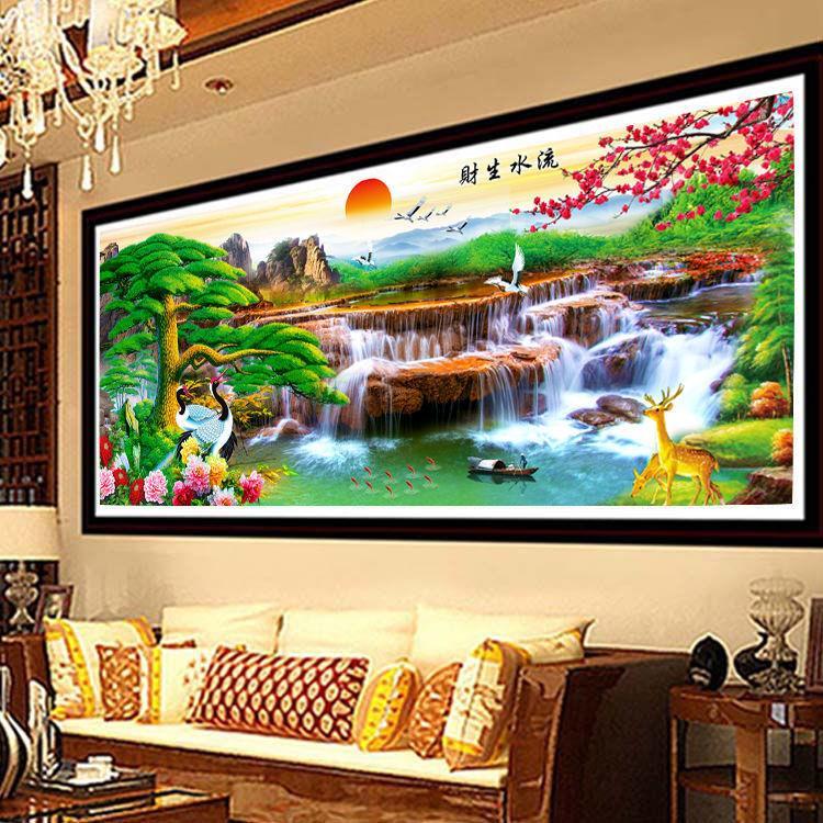 5d客厅钻石画满钻2024新款流水生财风景山水画贴钻十字绣粘点钻画