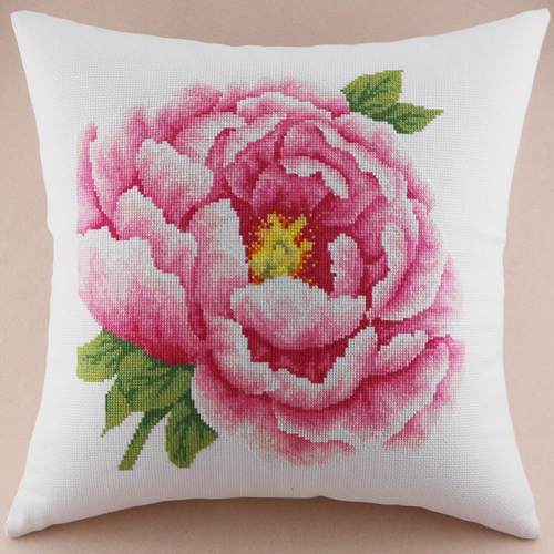 高级感十字绣抱枕花开富贵粉红牡丹花水溶印布沙发汽车靠垫自己绣