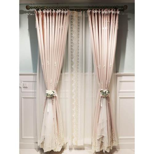 卡汀韩式田园布纱一体粉色双层拼接全遮光衬布钻石蝴蝶吊坠耳坠