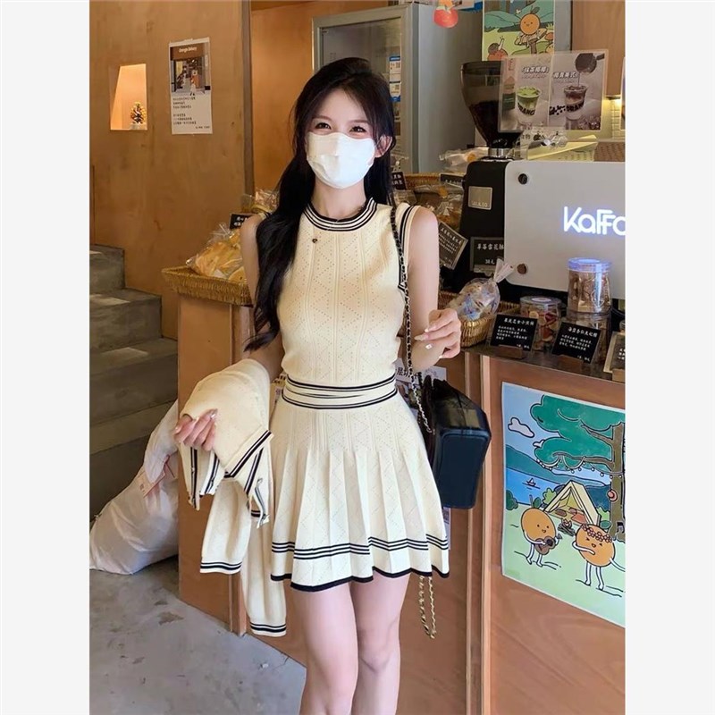 秋季一整套学院风套装针织背心开衫百褶半身短P裙小个子穿搭两件