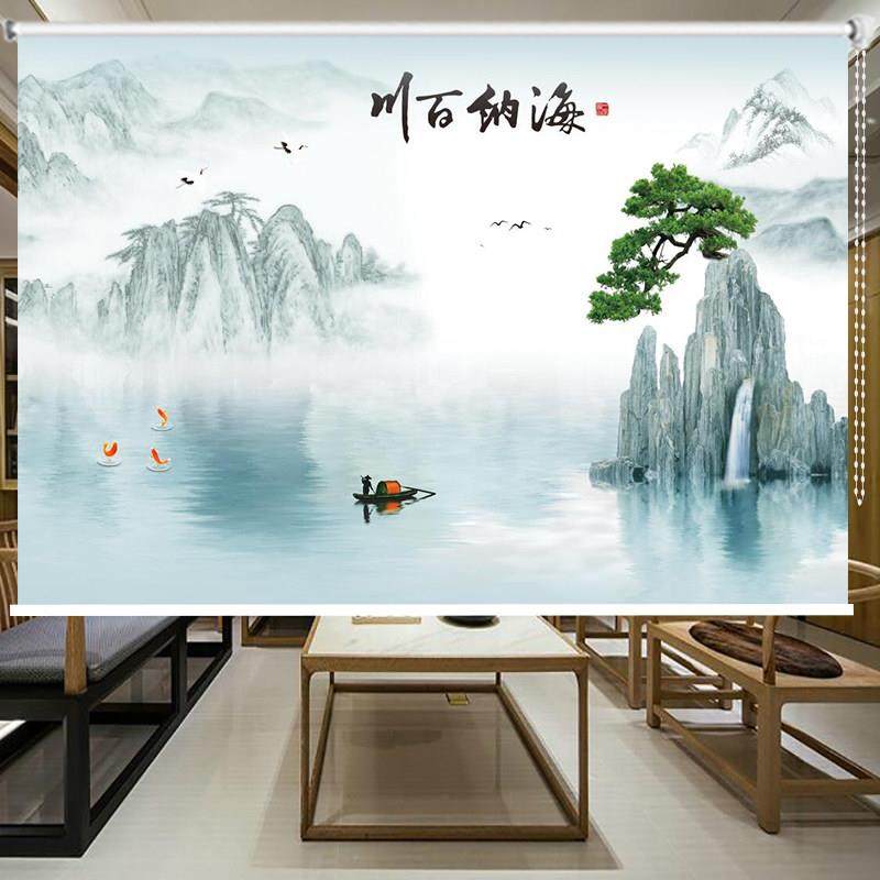 定制现代中式风景山水画卷帘窗帘办公室客厅遮光装饰画免打孔拉帘,居家布艺,卷帘,淘宝优惠券,粉丝福利购,淘宝优惠卷