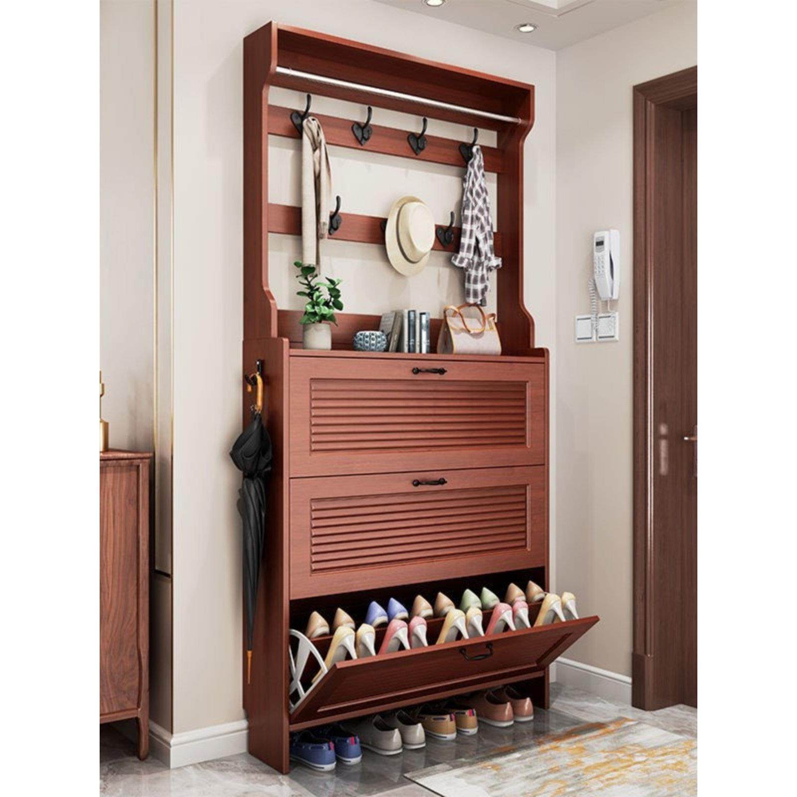 中式带衣架的超薄翻斗式家庭门鞋柜，实木彩色储物柜，鞋架，衣架,收纳整理,鞋柜,淘宝优惠券,粉丝福利购,淘宝优惠卷