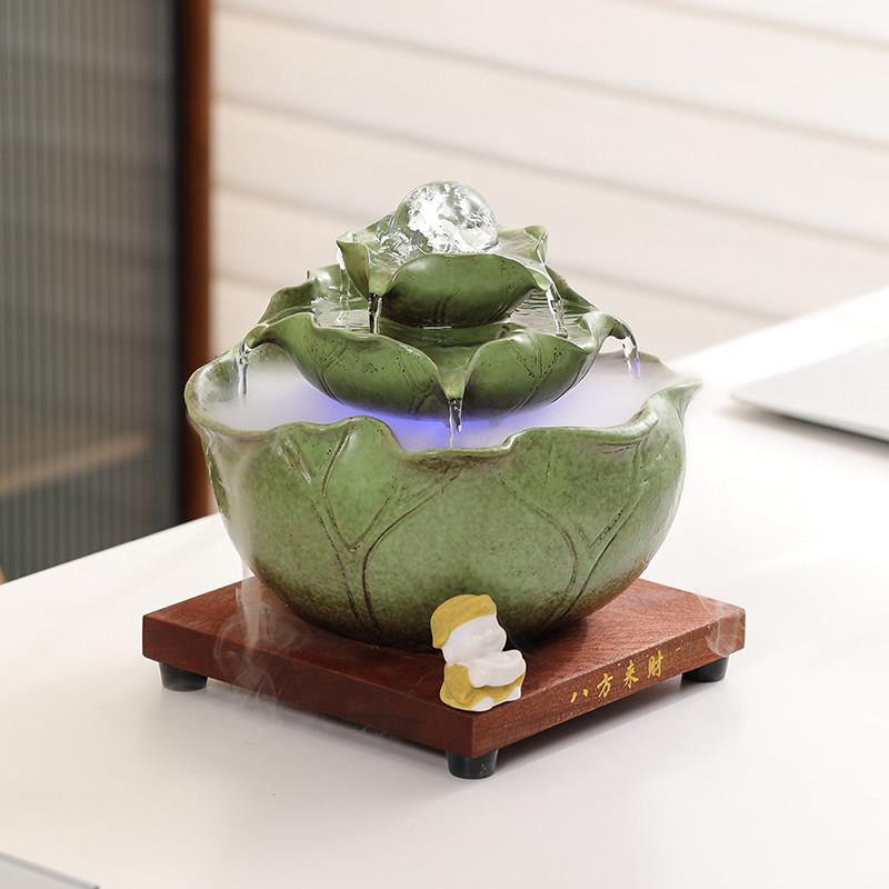 景德镇八方来财荷叶风水球流水喷泉摆件循环水办公桌客厅茶几招财