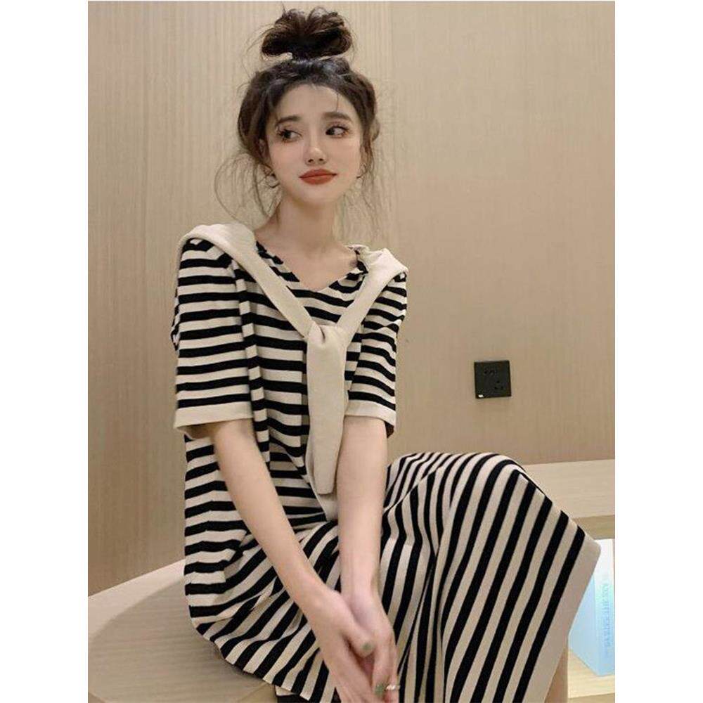 孕妈穿搭~孕妇装夏装时尚条纹冰丝中长款连衣裙夏季薄款直筒裙子