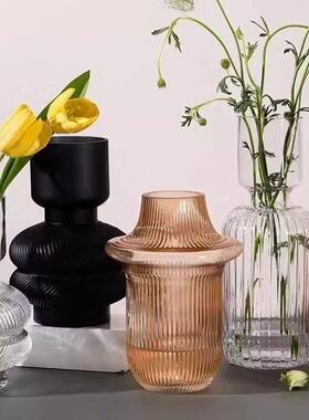ins网红轻奢浮雕覆古玻璃花瓶黑色客厅装饰餐桌摆件水养鲜花插花