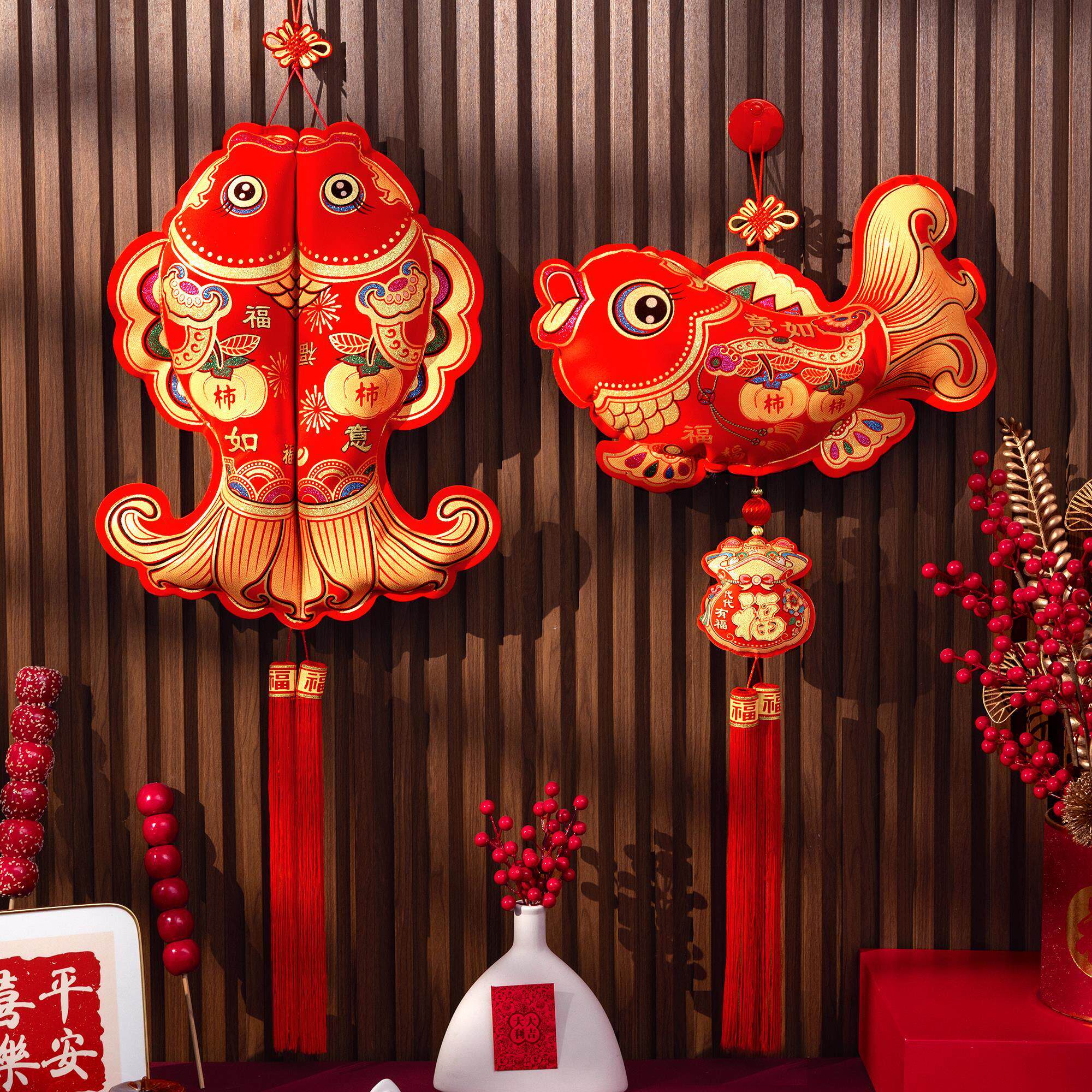 过年春节福字鱼挂件年年有余客厅门挂家用墙上挂饰中国结新年装饰