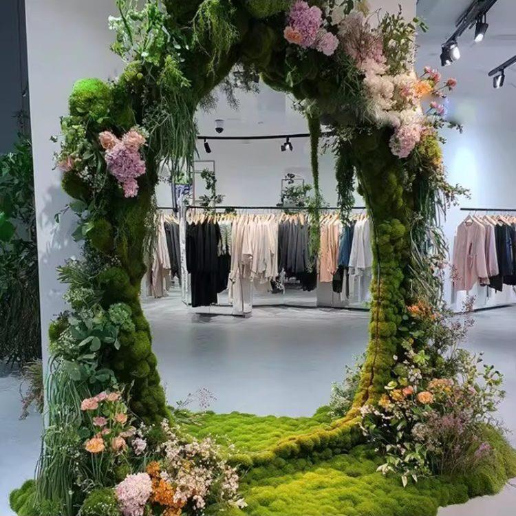 店铺装饰绿色植物花艺摆件商场拍照打卡镜子背景墙高级感出片道具