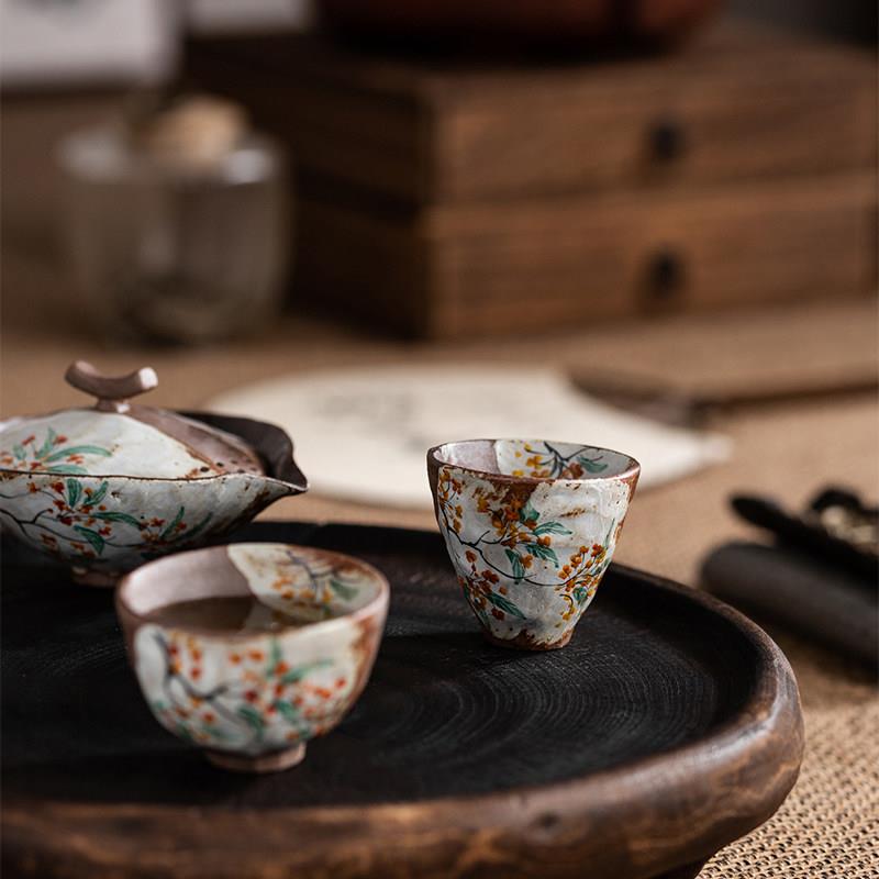 柴烧桂花手抓壶粗陶茶具套装家用陶瓷功夫泡茶器复古中式盖碗茶杯