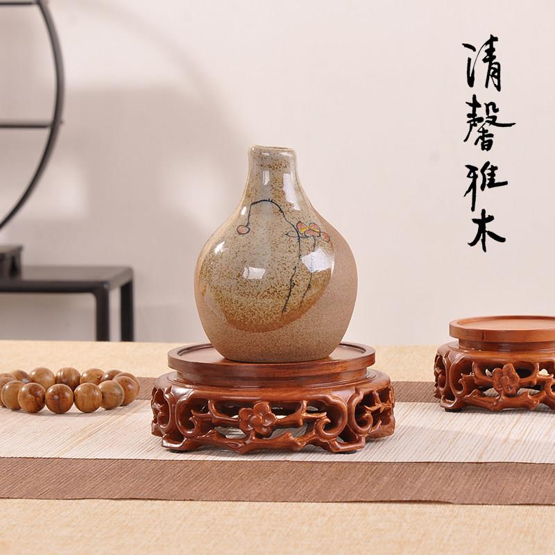 中式实木圆形瓷器花瓶工艺品摆饰底座黑檀木制紫砂壶香炉葫芦托垫