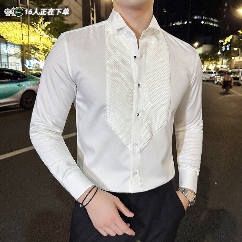 法式翼领礼服衬衫男长袖高级感修身商务正装宴会婚礼风琴褶白衬衣