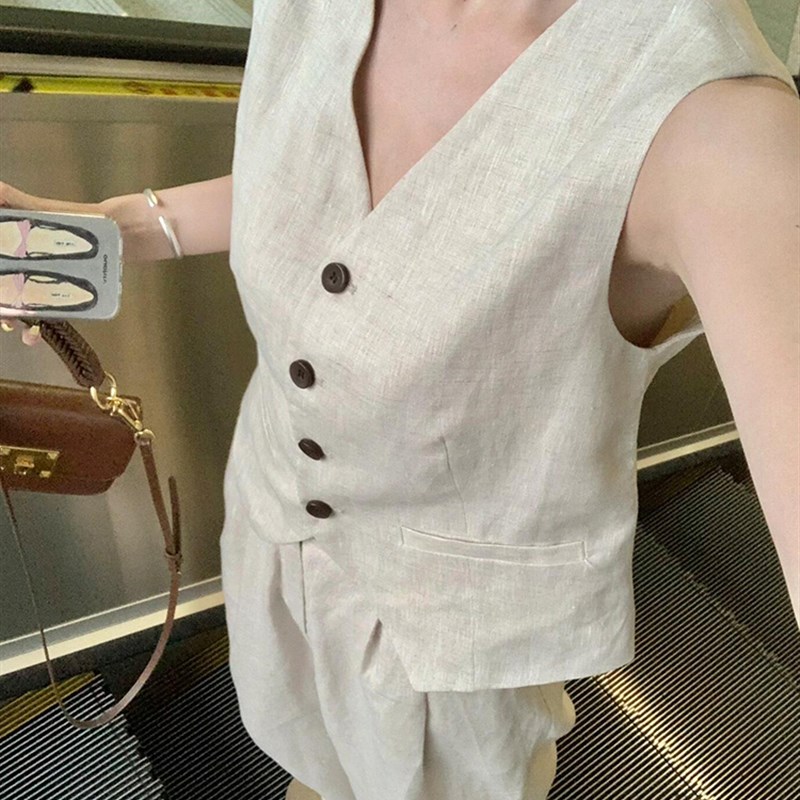 高级感老钱风马甲长裤两件套装女夏季新款气质亚麻马甲阔腿裤长裤