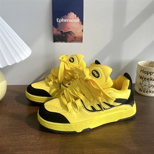 美式板鞋男款休闲鞋增高夏季透气 黄色鞋子男鞋新款情侣面包鞋女