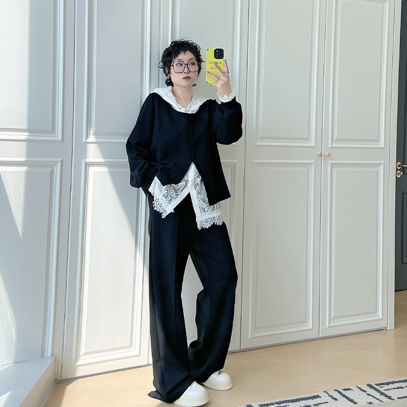 韩系氛围感穿搭大码女装200斤胖mm蕾丝帽衫背心U卫衣直筒裤三件套