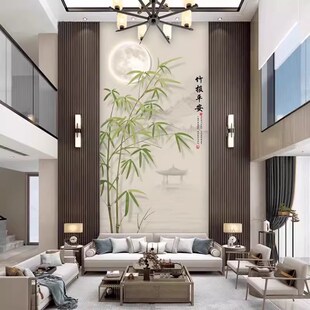 别墅挑高复式楼电视背景墙壁纸中式竹子客厅挑空玄关壁画墙布壁布