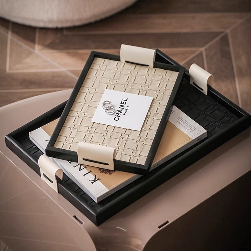 现代轻奢黑色皮质手提香薰托盘摆件高级感置纳客厅茶几摆盘装饰品