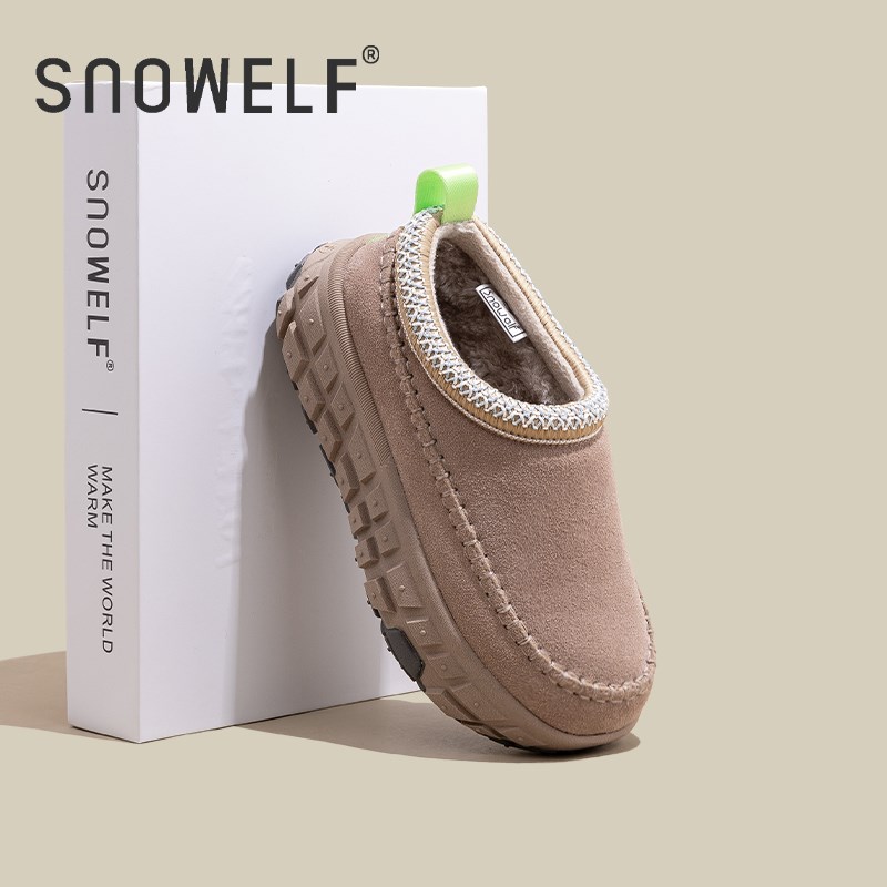 2024新品冬季民族风包头半拖鞋厚底雪H地靴女轮胎鞋加绒保暖一脚