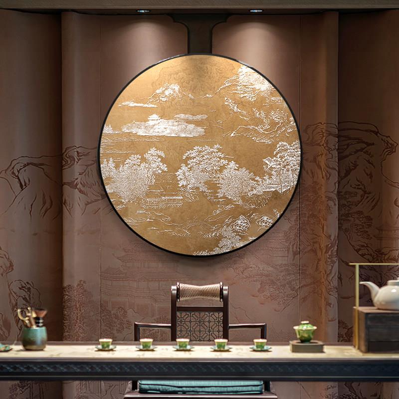 临泉山阁新中式玄关圆形装饰画山水画中国风带灯挂画客厅走廊餐厅