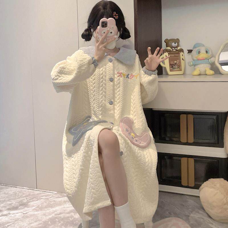 2026新款空气棉夹层睡裙睡袍少女秋冬季长款浴衣加厚保暖宽松浴袍