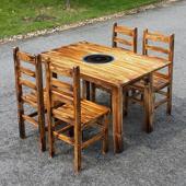 饭店全实木火锅桌椅电磁炉火锅一体商用组合长方形休闲 农场快餐