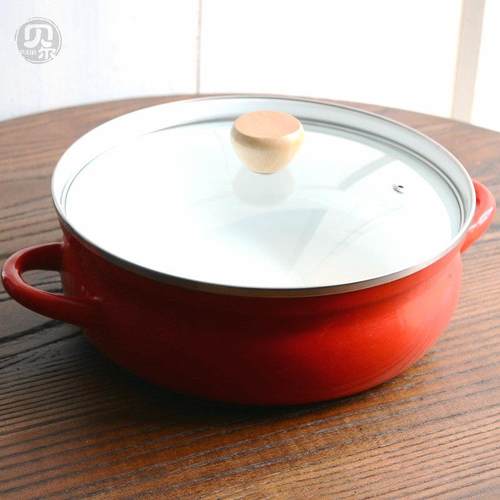 贝尔搪瓷、26红色小肥圆珐琅汤锅搪瓷浅锅火锅小龙虾盆菜日式土锅