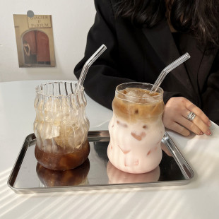 ins风家用女生高颜值喝冷水饮料奶茶杯 胖嘟嘟咖啡玻璃杯子带吸管