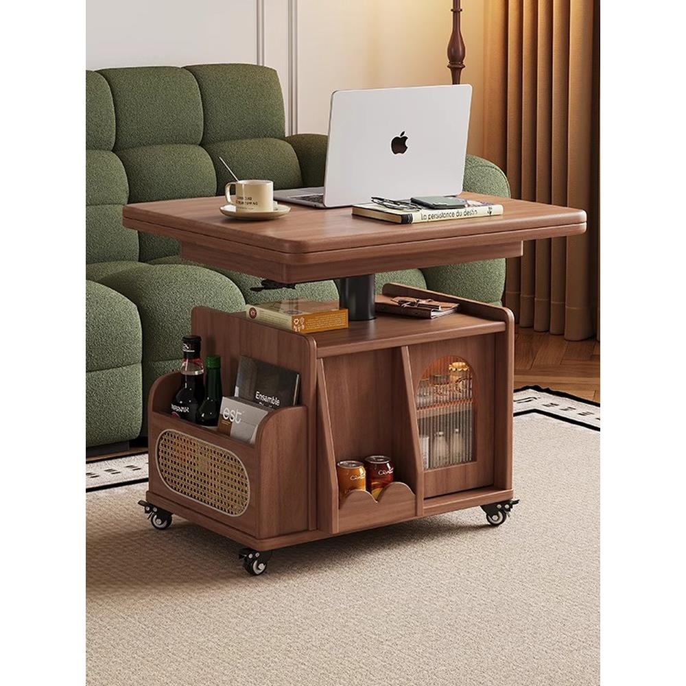 全实木中古小推车客厅两用可移动折叠可移动小推桌升降茶几边几