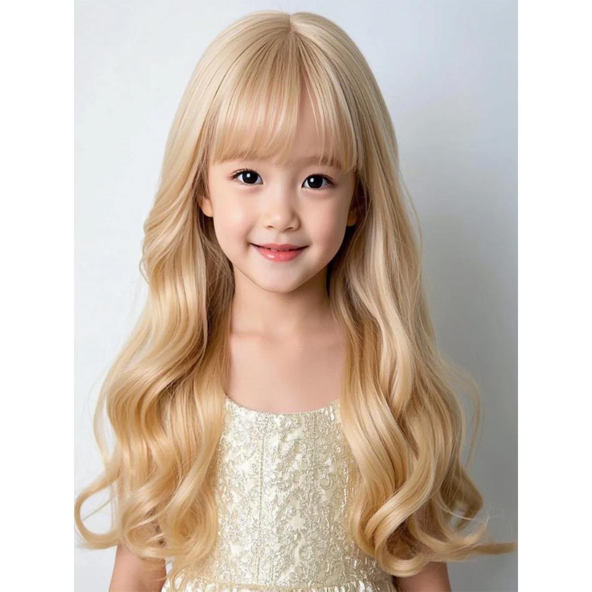 儿童假发女轻金色长发水冰月卷发大波浪动漫空气刘海照片全头饰