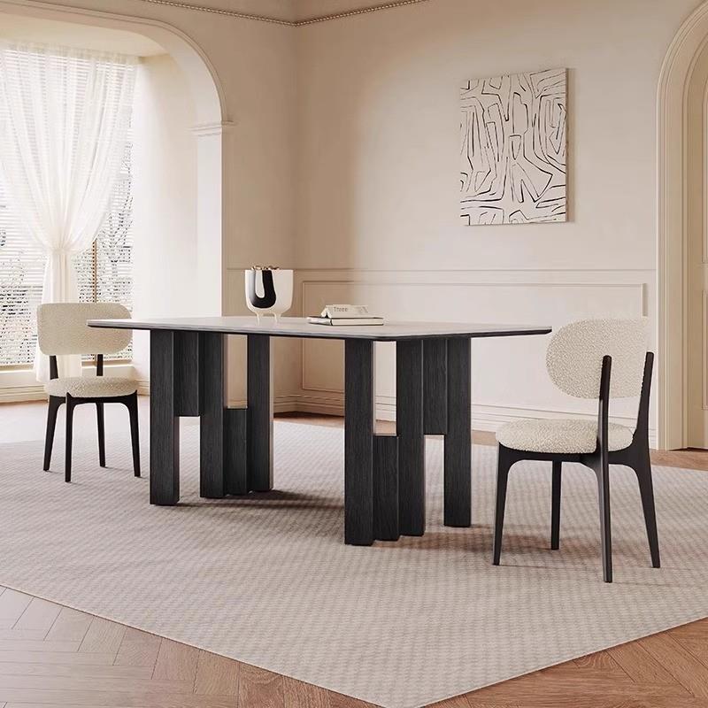 2025新中世纪风格实木石板餐桌和椅子组合家庭黑色极简亚光矩形餐