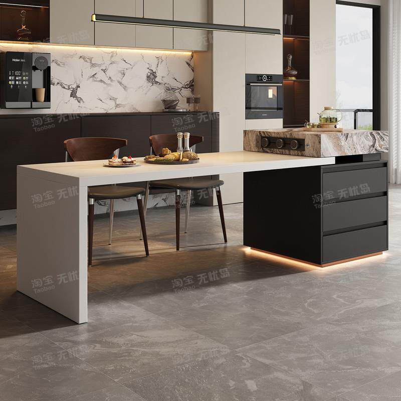 意式极简威尼斯棕岛台餐桌一体家用可伸缩带泡茶高级岩板导台定制