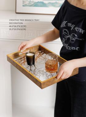 Myuyu现代家居无障碍豪华金支托盘长方形客厅桌面精美茶盘高端收