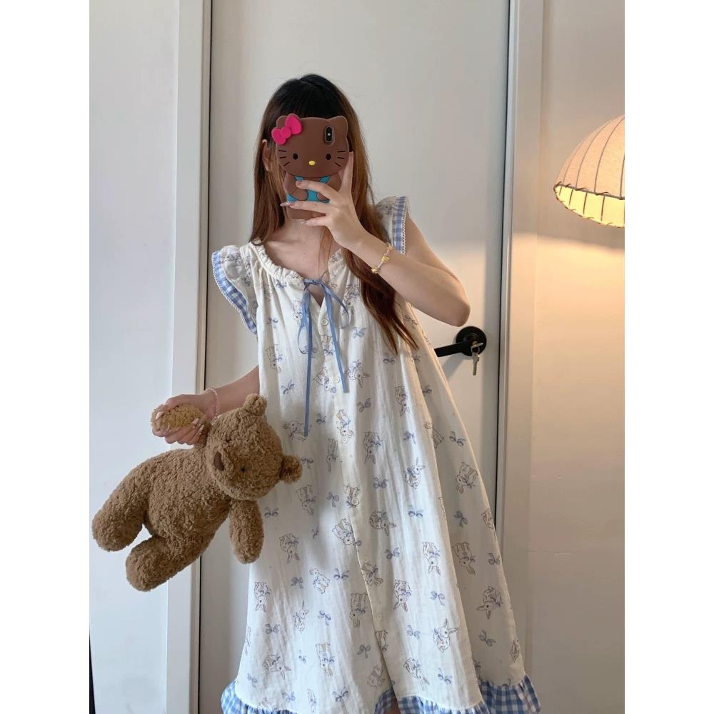 可爱卡通兔子睡衣连衣裙女夏季吊带带胸垫睡裙云朵棉纱家居服裙子