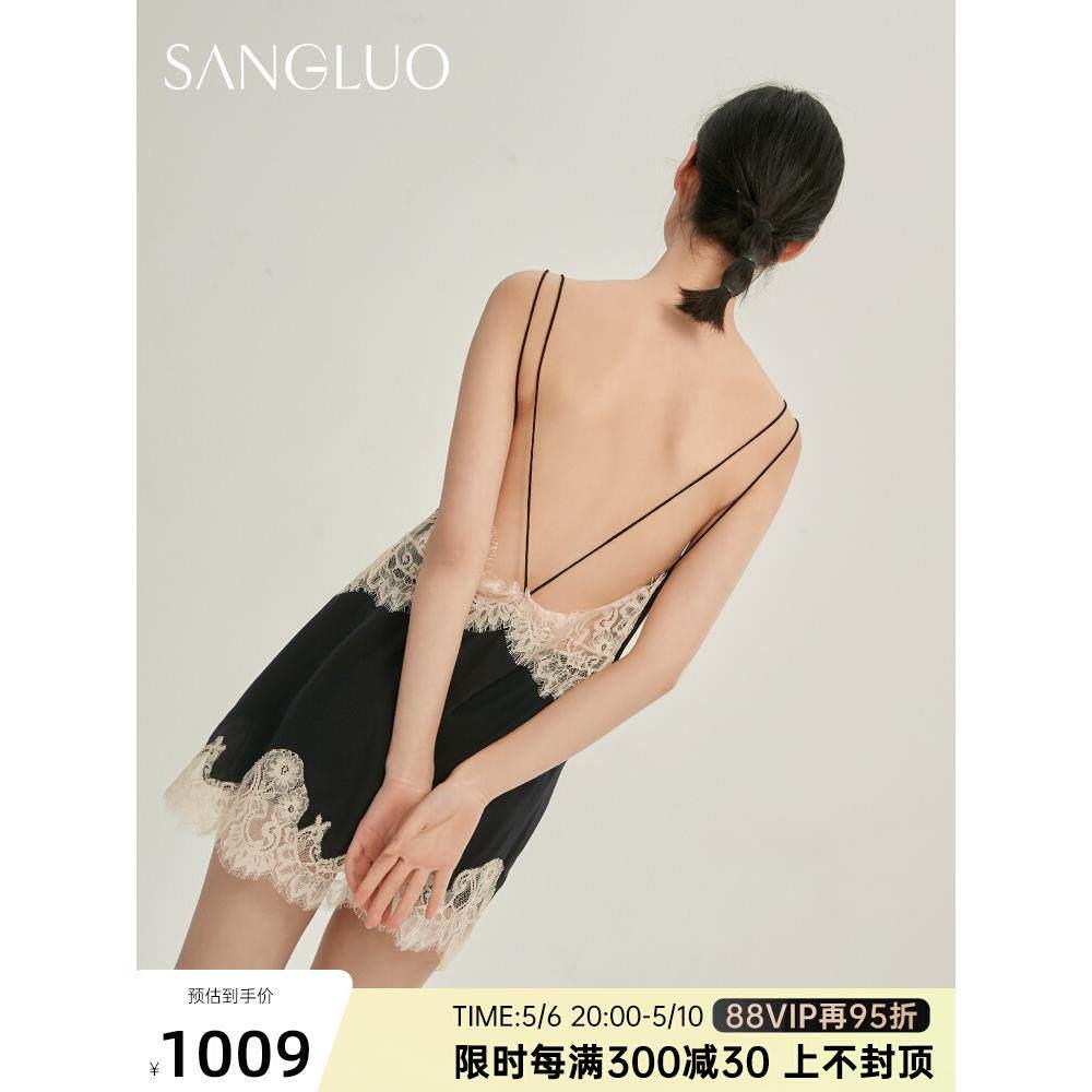 真丝睡裙桑蚕丝吊带蕾丝拼接复古睡衣女士家居服春夏丝绸外穿